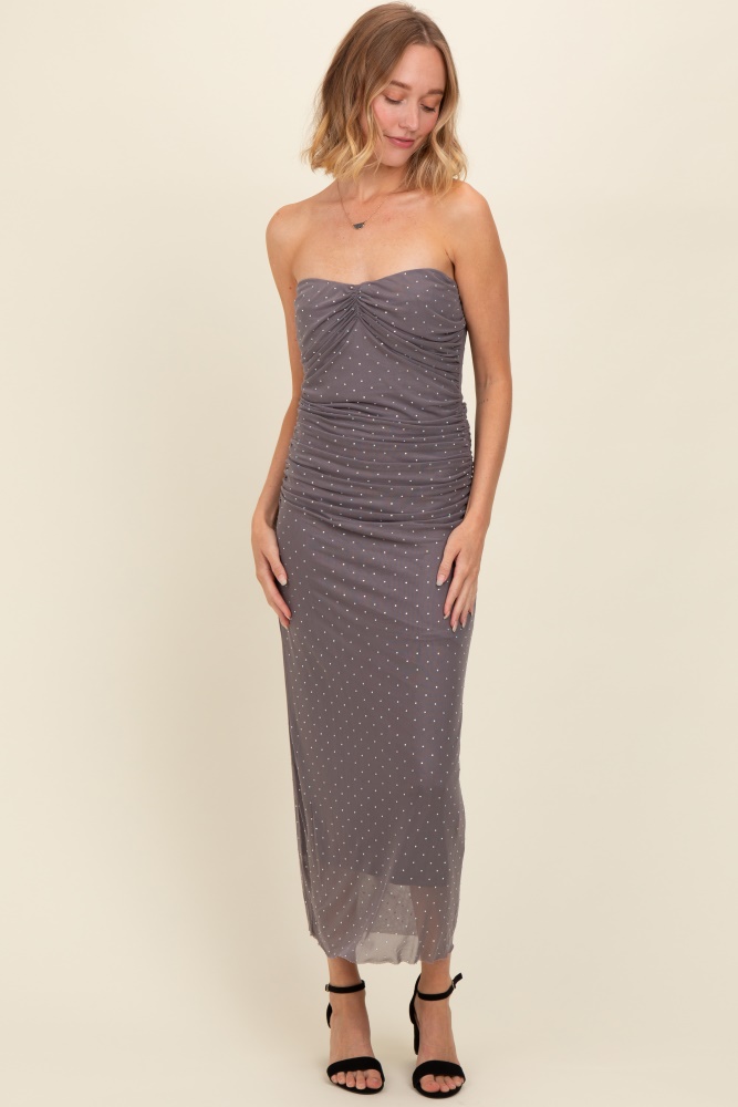 grey dot print strapless ruched maxi dress