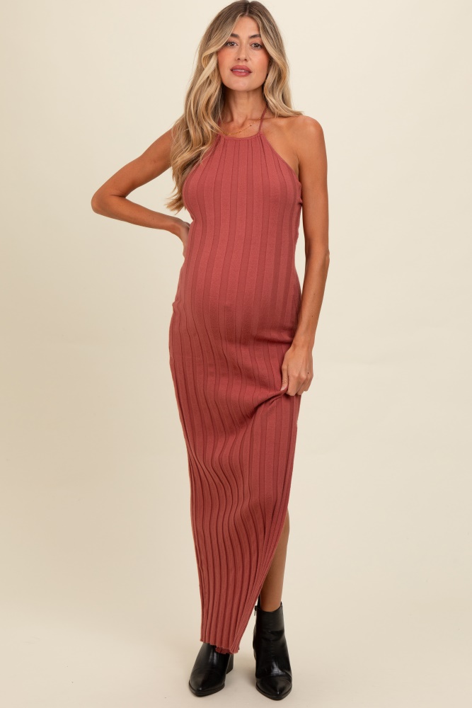 rust ribbed knit halter neck maternity maxi dress