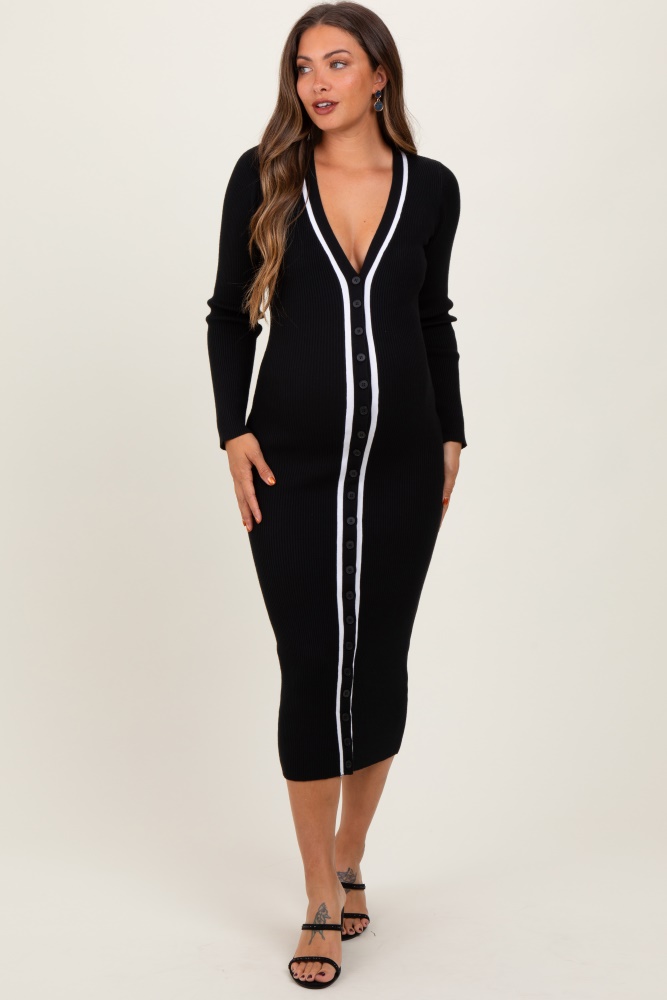 black knit contrast stripe button down maternity dress