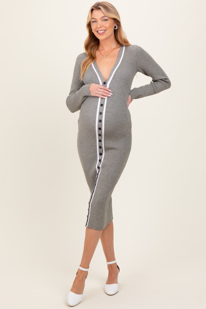 charcoal knit contrast stripe button down maternity dress