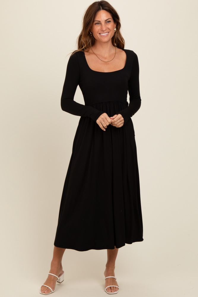 black square neck long sleeve midi dress