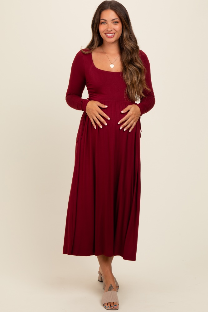 burgundy square neck long sleeve maternity midi dress