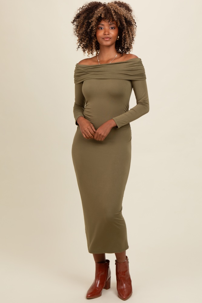 olive foldover off shoulder long sleeve midi dress