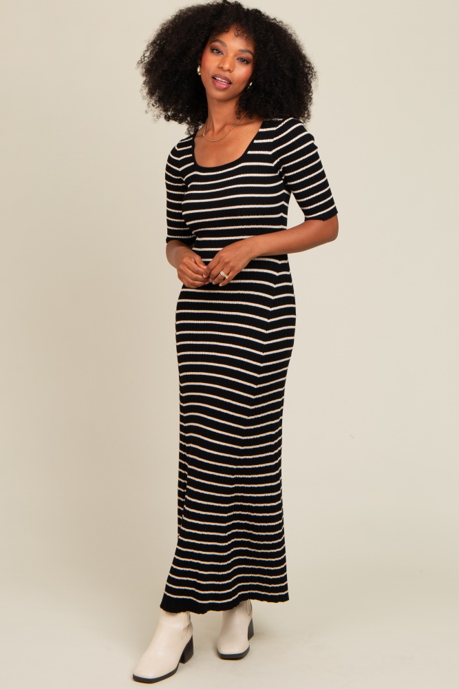 black striped ribbed short sleeve maxi dress