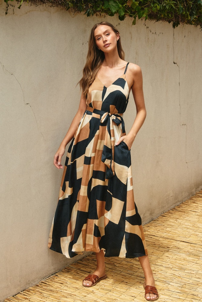 camel abstract print sash tie maxi dress