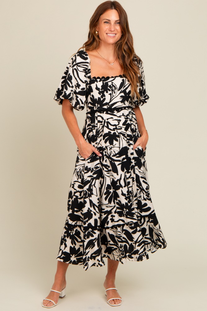 black floral scallop trim midi dress