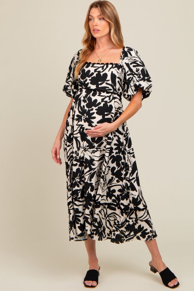 black floral scallop trim maternity midi dress