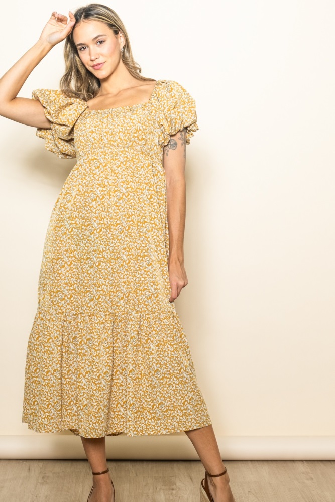 yellow floral puffed sleeve midi dress