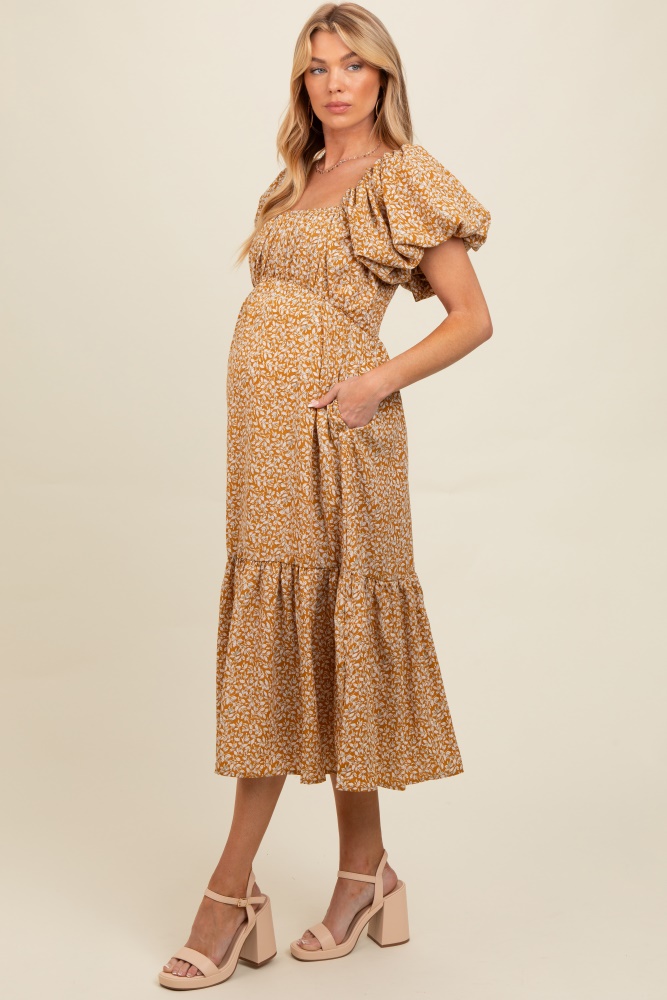 yellow floral puffed sleeve maternity midi dress