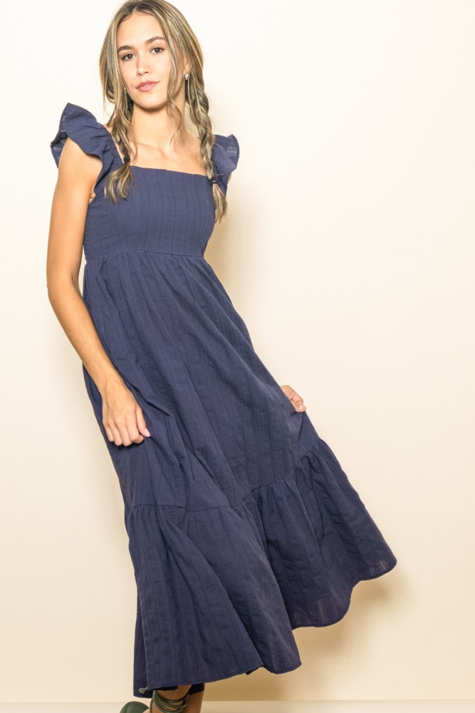 navy blue textured cotton ruffle strap midi dress