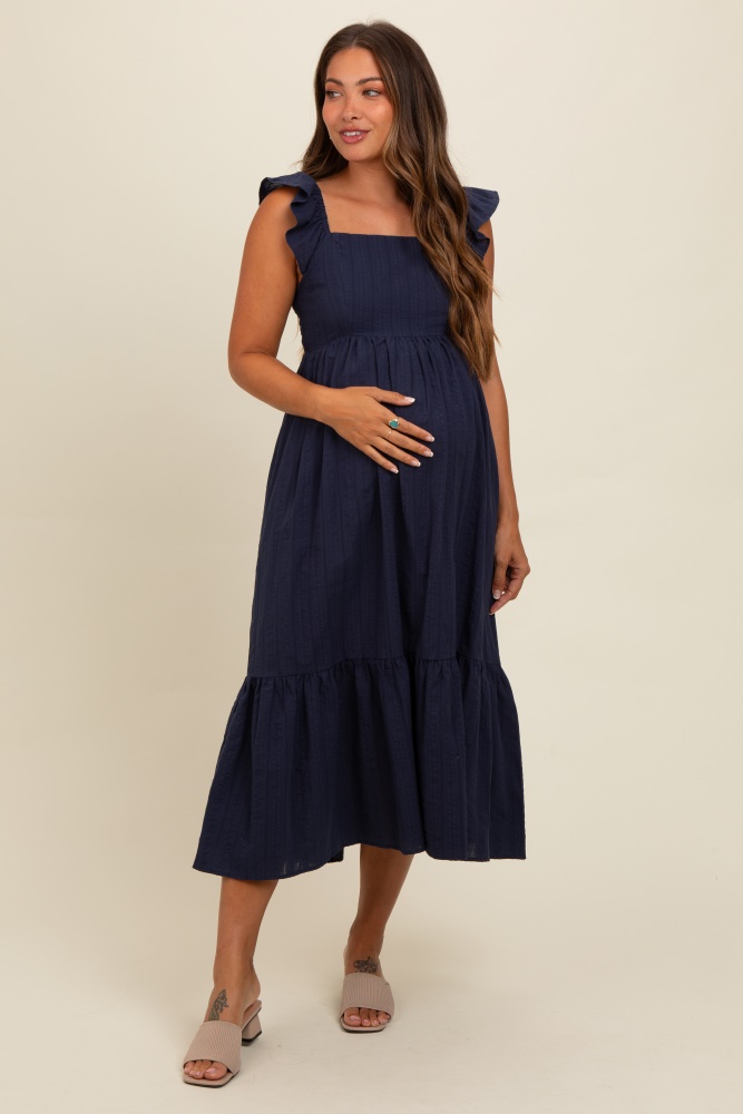 navy blue textured cotton ruffle strap maternity midi dress