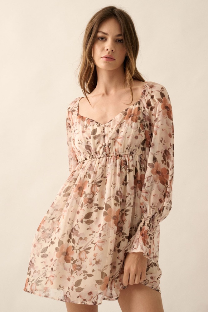 cream floral sweetheart woven mini dress