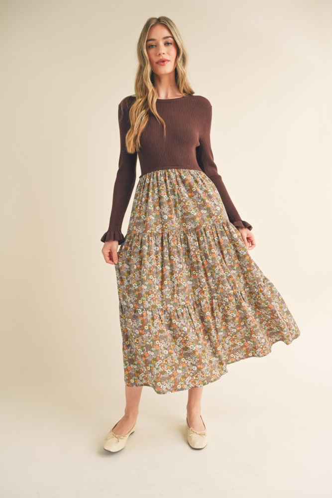 mocha floral knit midi dress with contrast woven skirt