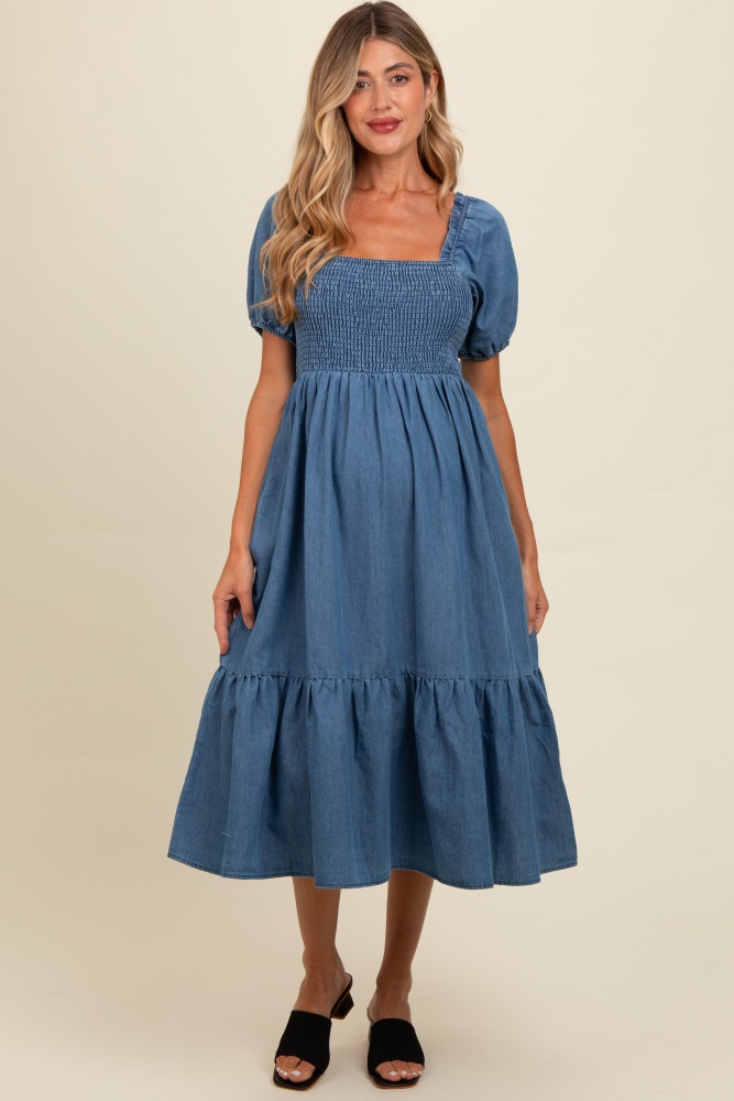 blue vintage wash chambray smocked maternity midi dress