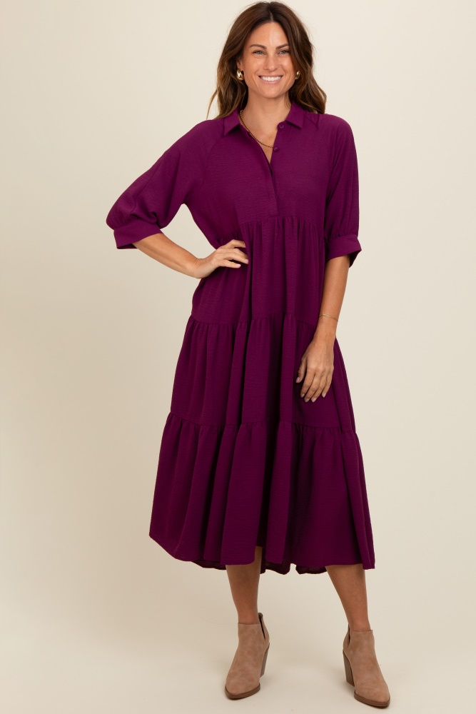 magenta collared button up tiered midi dress