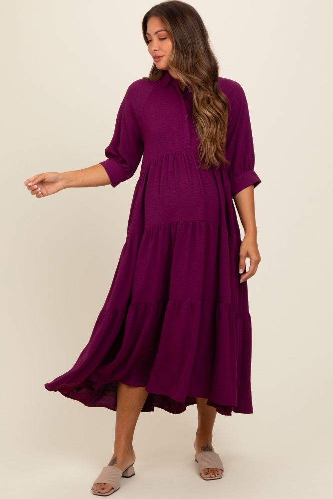 magenta collared button up tiered maternity midi dress