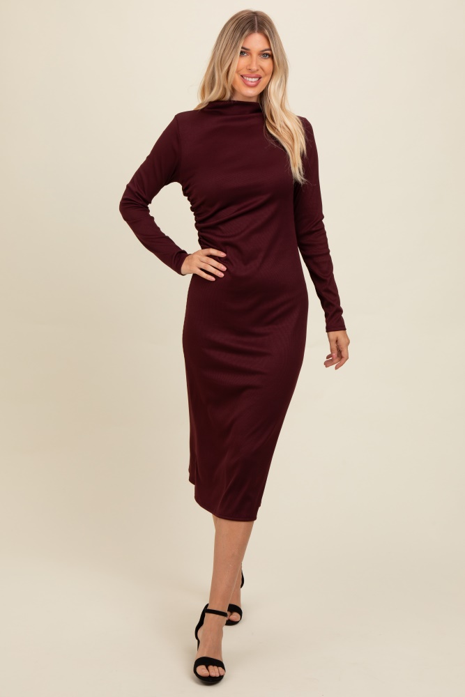 brown ruffle mock neck long sleeve midi dress