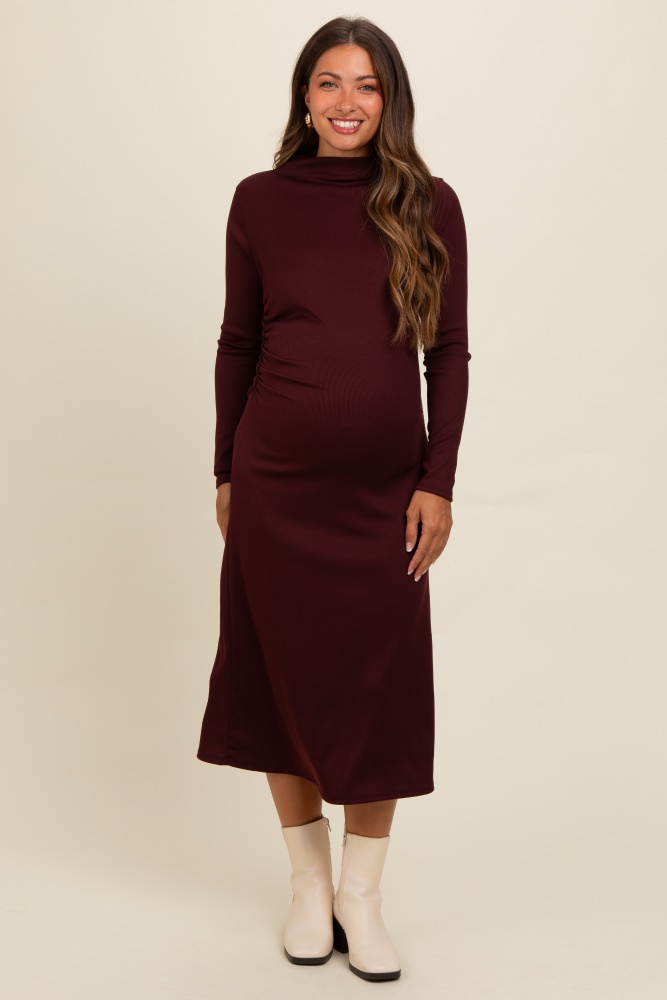 brown ruffle mock neck long sleeve maternity midi dress