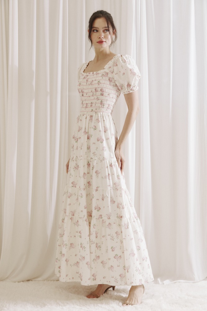 ivory pink floral rose bouquet print maxi dress