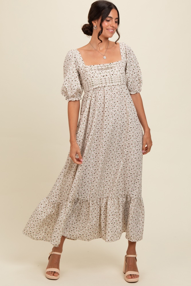 ivory floral pleated bodice maxi dress