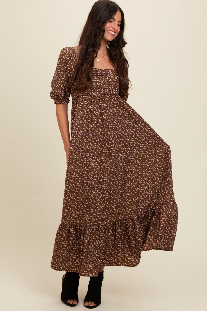 mocha floral pleated bodice maxi dress