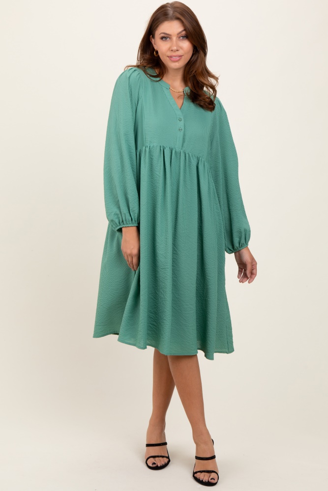 mint green pin stripe split neckline midi dress