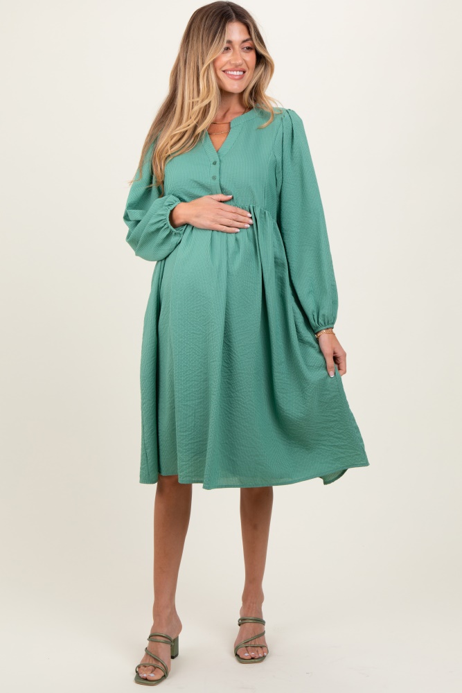 mint green pin stripe split neckline maternity midi dress