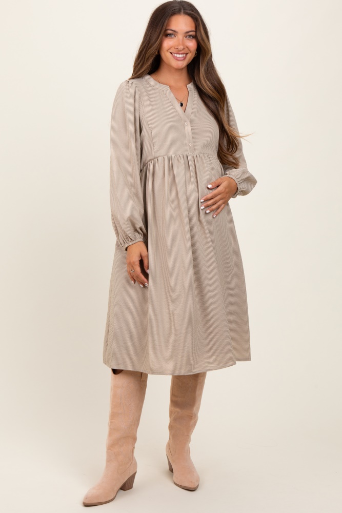 taupe pin stripe split neckline maternity midi dress