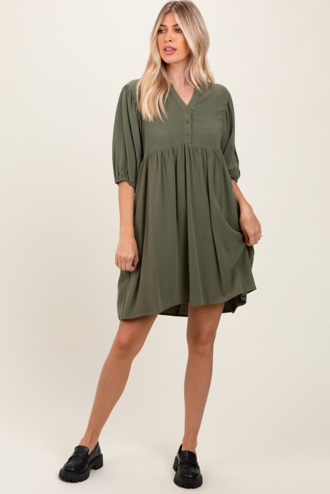 olive button up split neck dress