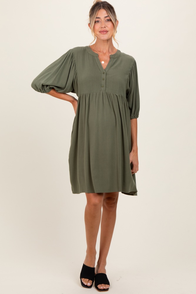 olive button up split neck maternity dress