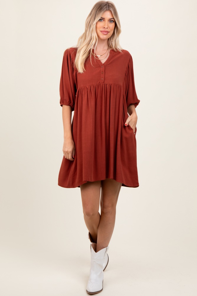 rust button up split neck dress