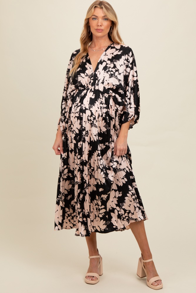 black floral satin pleated v-neck maternity maxi dress