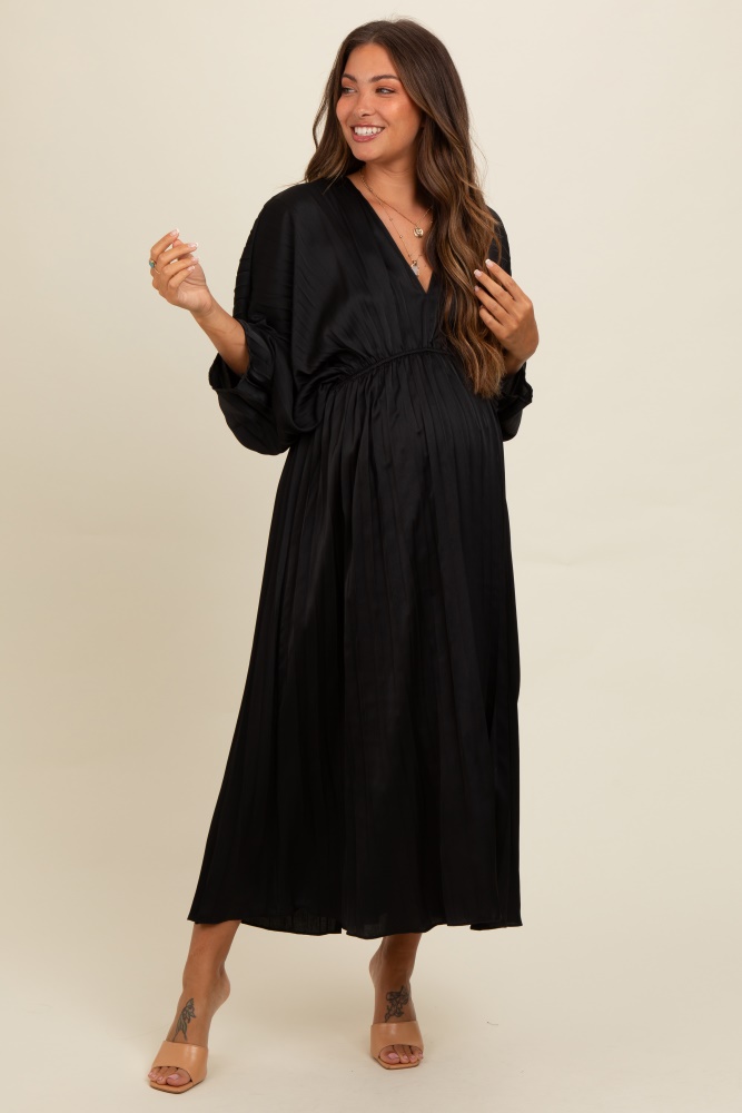 black satin pleated v-neck maternity maxi dress