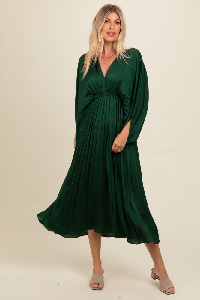 forest green satin pleated v-neck maxi dress