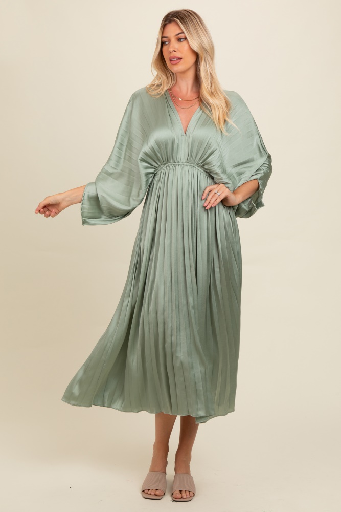 light olive satin pleated v-neck maxi dress