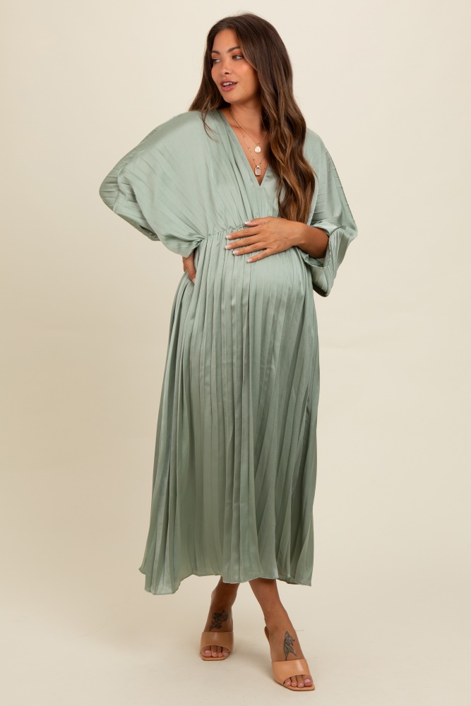 light olive satin pleated v-neck maternity maxi dress