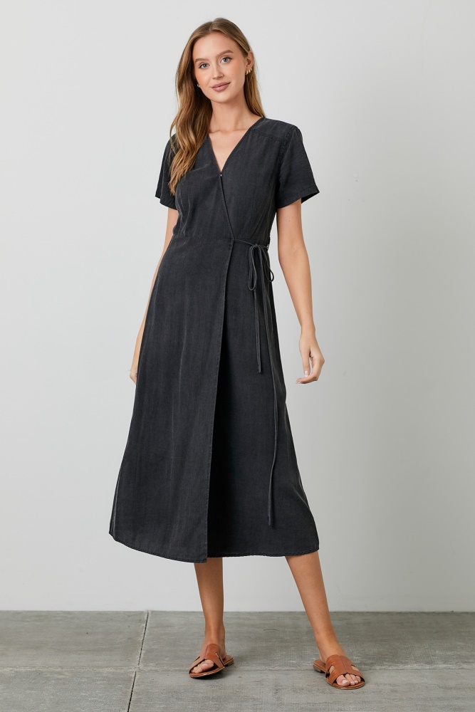 black chambray wrap midi dress