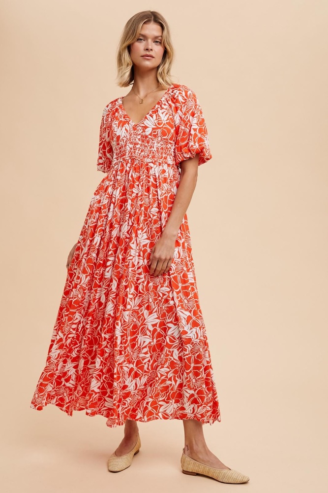 coral red resort print puff sleeve maxi dress