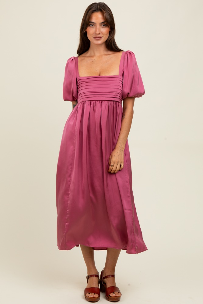 Mauve Satin Pleated Bodice Puff Sleeve Midi Dress