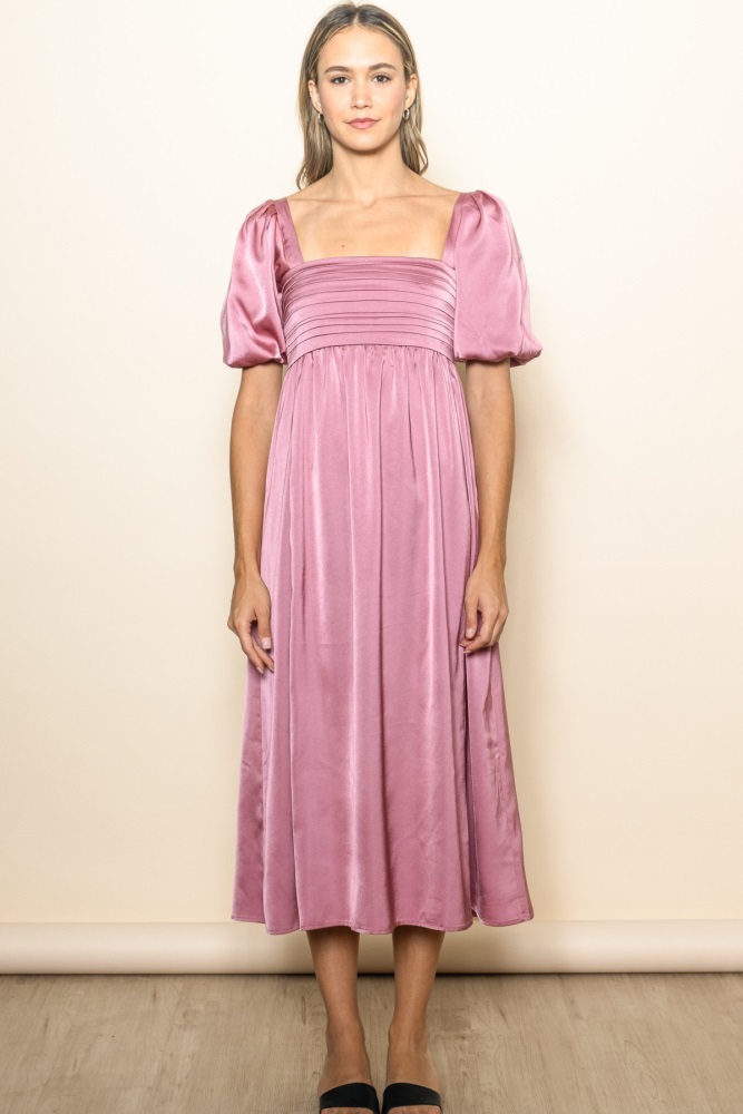 mauve satin pleated bodice puff sleeve midi dress