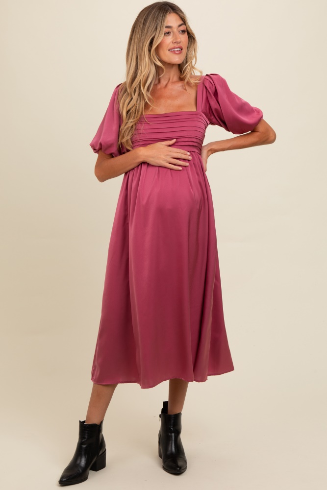 mauve satin pleated bodice puff sleeve maternity midi dress