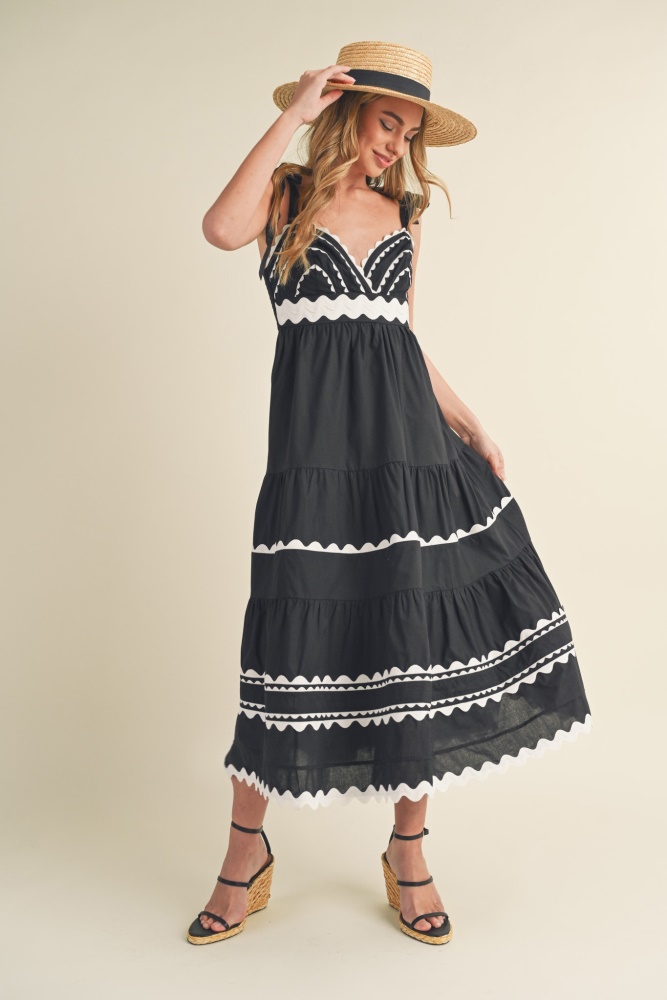 black tiered trim midi dress