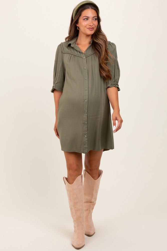 olive braided trim detail button down maternity dress