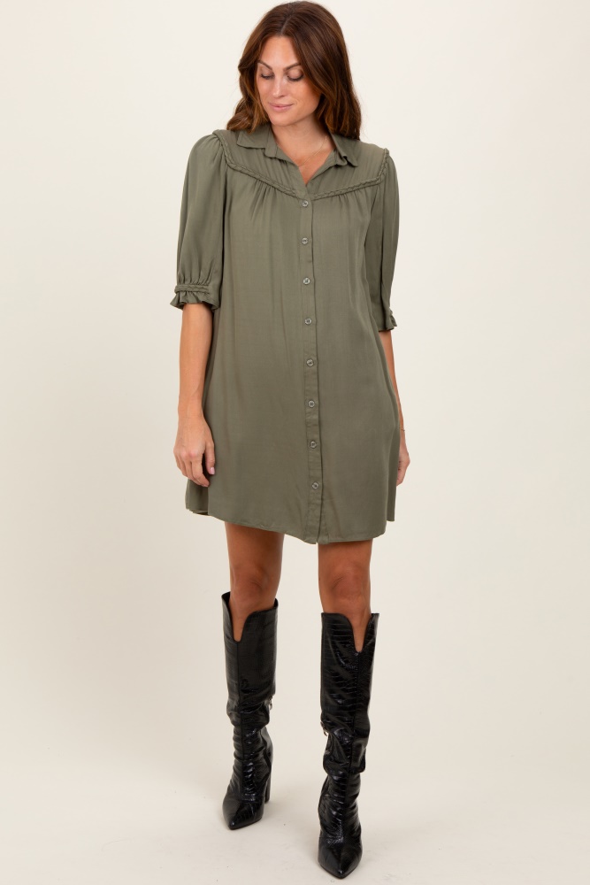 olive braided trim detail button down dress