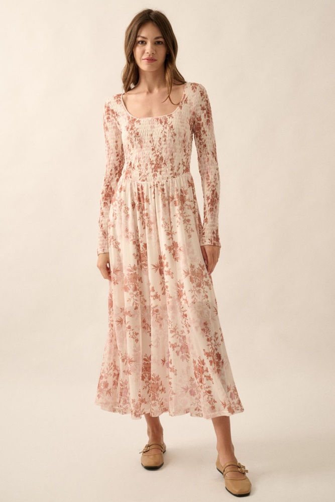 cream floral smocked woven maxi dress