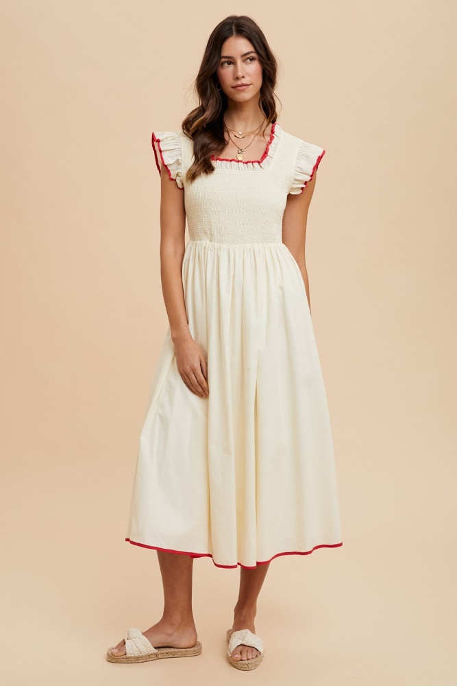 cream red contrast binding detail smocking midi dress