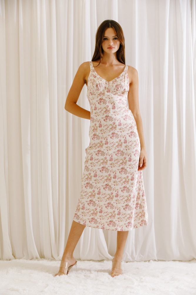 cream floral romantic print bodycon midi dress