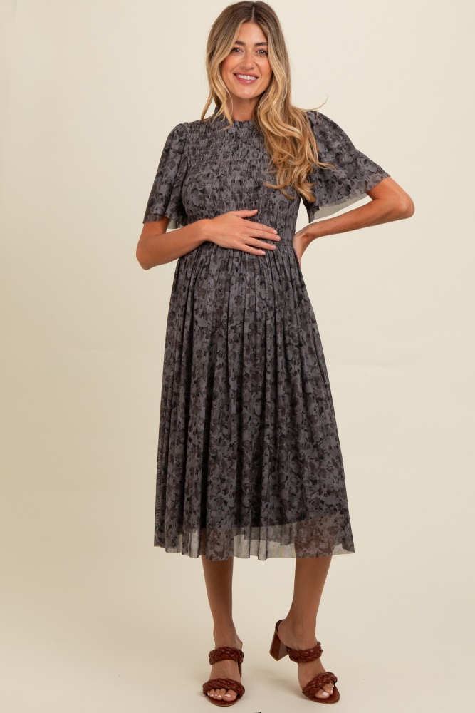 grey floral smocked maternity midi dress