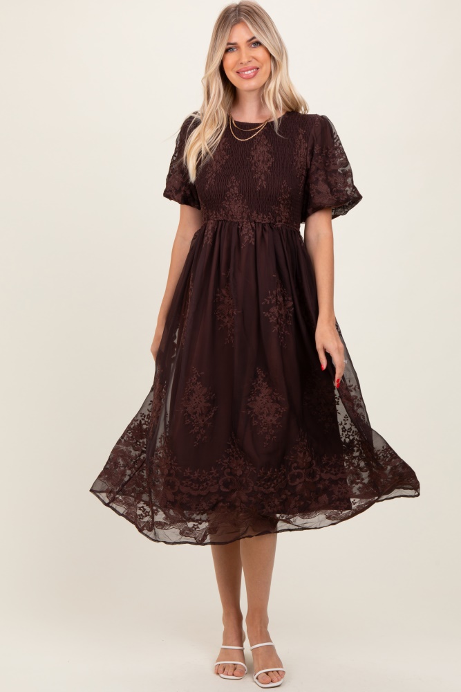 brown floral embroidered mesh overlay smocked midi dress