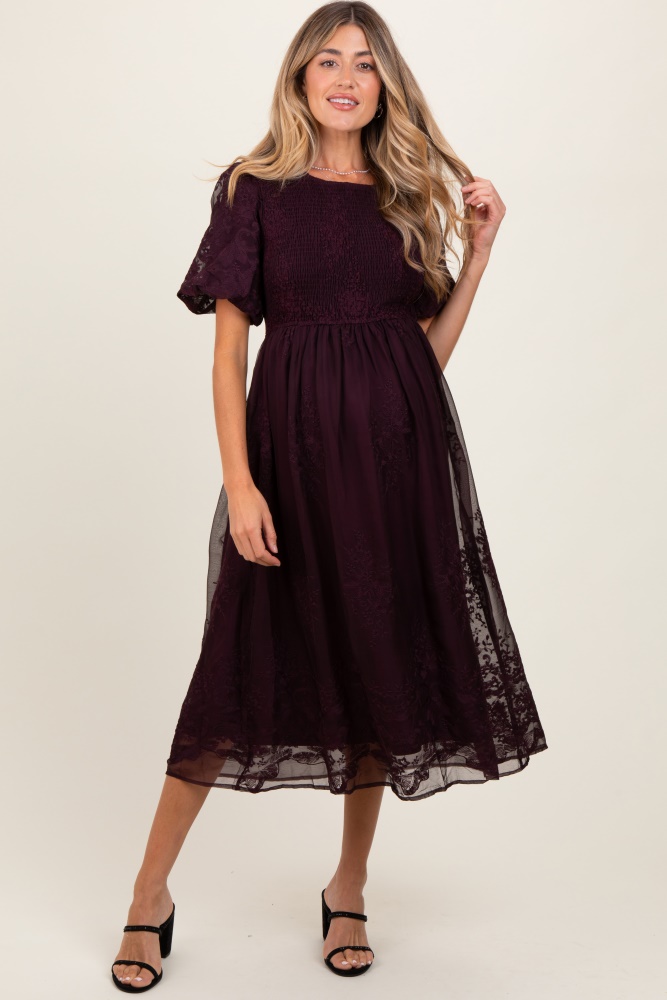 plum floral lace smocked maternity midi dress